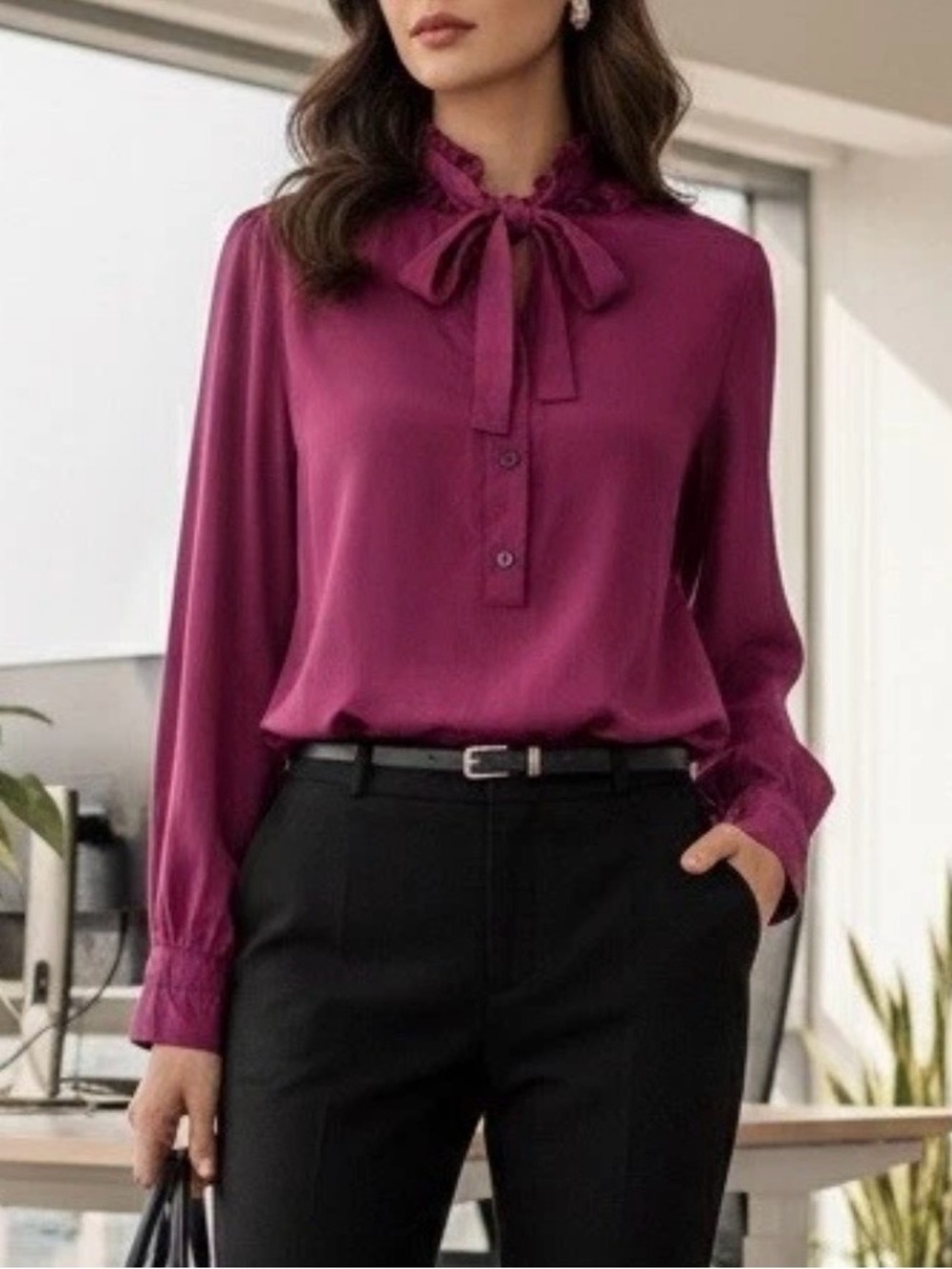 J.Crew 100% Silk Blouse Top 14 Long Sleeve Bow Tie Ruffled Magenta Dressy Career